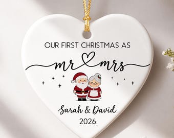 Personalized First Christmas Ornament, Mr Mrs Santa Couple Heart Keepsake, Custom Newlywed Christmas Gift