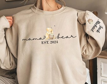 Sudadera personalizada de oso Mama Pooh, camisa con nombres personalizados, regalo para el día de las madres de manga larga, Mama Est con nombre de niño en la manga