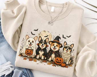 Vintage Halloween Corgi Sweatshirt,  Spooky Dog Costume Shirt, Witch Ghost Mummy Pumpkin Gift
