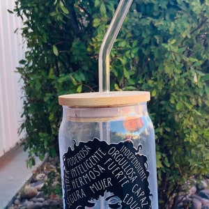 Latina Libby glass cup | Latina Drink | 16oz w/Lid & Straw | Latina(o) Heritage Glass Cup | Gift for Her | Cultural Gifts |