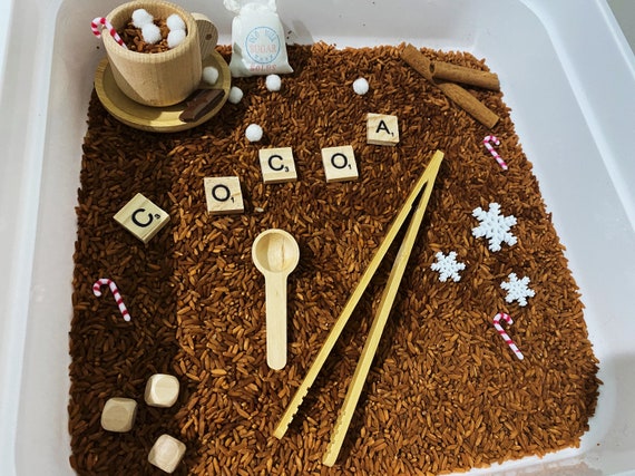 Hot cocoa sensory bin/ winter time sensory play / kids fall and winter  sensory bin/ novemember sensory play/ kids gift