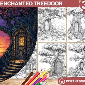 Enchanted Treedoor Coloring Book | Adults and kids Coloring Pages | Grayscale Doors Colouring Book | Printable PDF | Instant Download