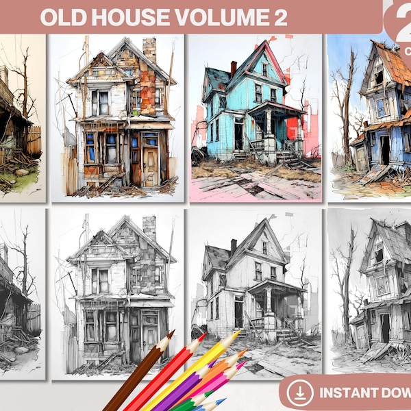 Old House Volume 2 Coloring Book | Printable Adults Kids Coloring Pages | Grayscale Colouring Book Digital | Instant Download Printable PDF