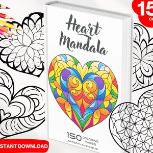 150 Livre de coloriage Mandala coeur, PDF, Pages imprimables, Mandalas simples, Modèles de soulagement du stress, Art-thérapie, Coloriage enfant adulte pdf