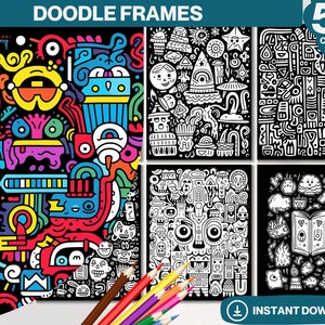 Doodle Frames Coloring Book, Printable PDF Pages, Simple Stress Relief Patterns, Art Therapy, Adult Colouring Page Mandalas