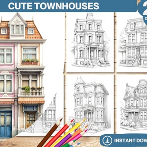 Townhouses Coloring Book | 25 Grayscale Pages (PDF Download