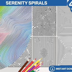 Serenity Spirals Coloring Book, Printable PDF Pages, Simple Stress Relief Patterns, Art Therapy, Adult & Kid Colouring Page Mandalas