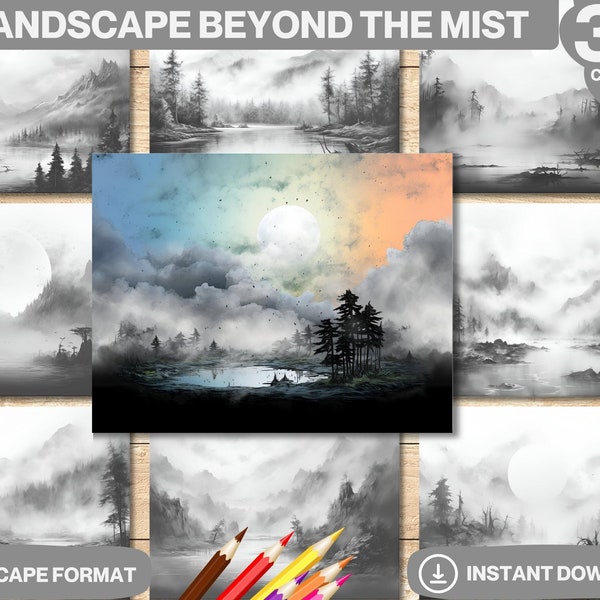 Landscape Beyond the Mist Coloring Book | Printable Adults and kids Coloring Pages | Grayscale Colouring Digital | Instant Download PDF