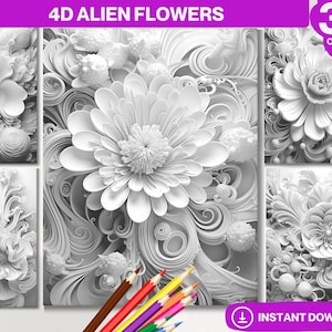 4d Alien Flowers Coloring Book | Adults and kids Colouring Books | Instant Download | Grayscale Coloring Page | Printable PDF