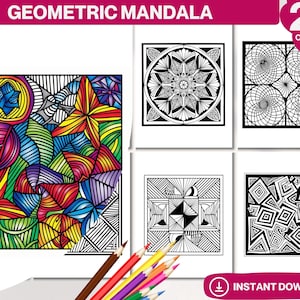 Geometric Mandala Coloring Book, Printable PDF Pages, Simple Stress Relief Patterns, Art Therapy, Adult & Kid Colouring Page Mandalas