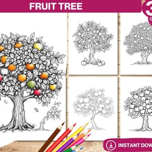 Fruit Tree Coloring Book | Printable Adult and Kid Coloring Pages | Grayscale Colouring Books | Instant Digital Download | Printable PDF
