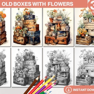 Old Boxes With Flowers Coloring Book | Adults and kids Colouring Books | Instant Download | Grayscale Coloring Page | Printable PDF