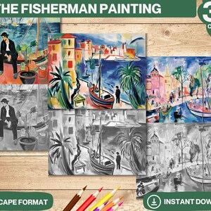 The Fisherman Painting Coloring Book, Printable Adult Lighthouses Pages, Grayscale Colouring Books Digital, Instant Download | Printable PDF