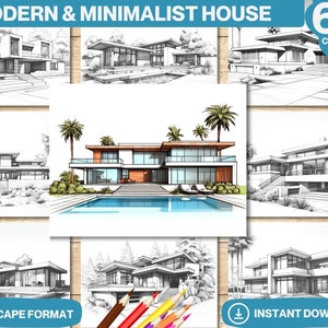 60 Modernes & Minimalistisches Haus Malbuch | Architektur Malbücher | Für Erwachsene und Kinder Graustufen Ausmalbilder | Sofort Download
