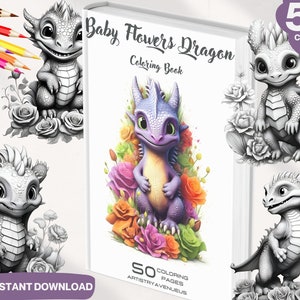 Puede incluir: Una portada de libro para colorear con un beb&eacute; drag&oacute;n con flores. La portada dice "Baby Flowers Dragon Coloring Book" y "50 Coloring Pages".