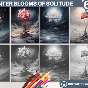 60 Winter Blooms of Solitude Coloring Book | Adults and kids Colouring Books | Instant Download | Grayscale Coloring Page | Printable PDF