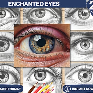 May include: A set of 25 coloring pages featuring detailed drawings of eyes in various styles. The pages are in landscape format and are perfect for adults and teens who enjoy detailed coloring.