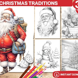 Christmas Traditions Coloring Book, Printable Adult & Kid Coloring Pages, Grayscale Colouring Books Digital, Instant Download, Printable PDF