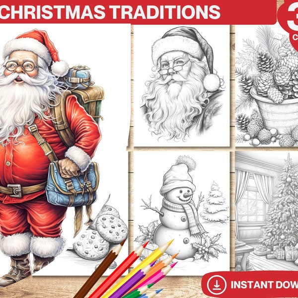 Christmas Traditions Coloring Book, Printable Adult & Kid Coloring Pages, Grayscale Colouring Books Digital, Instant Download, Printable PDF