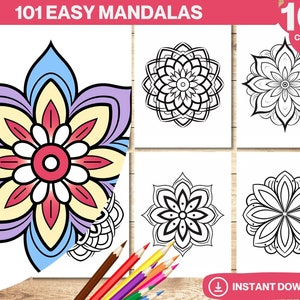 Libro para colorear de 101 mandalas fáciles, páginas para colorear imprimibles, mandalas simples, patrones para aliviar el estrés, arteterapia, colorear para adultos y niños PDF