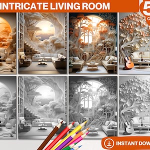 50 Intricate Living Room Coloring Book | Printable Adult and Kid Pages | Interior Design Grayscale Colouring | Digital Instant Download