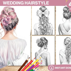 Wedding Hairstyle Coloring Book, Printable Flower Adult Coloring Pages, Grayscale Colouring Books Digital, Instant Download, Printable PDF