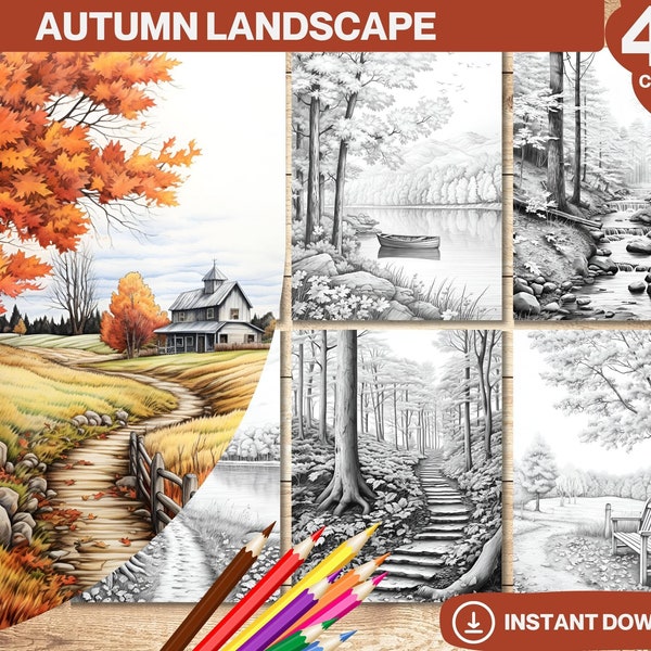 Autumn Landscape Coloring Book | Colouring pages Adults and kids | Instant Download | Grayscale Coloring Page | Printable PDF