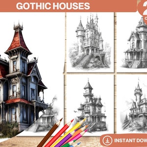 Gothic House Coloring Book | Printable Adult Coloring Pages | Grayscale Colouring Book Digital | Instant Download | Printable PDF
