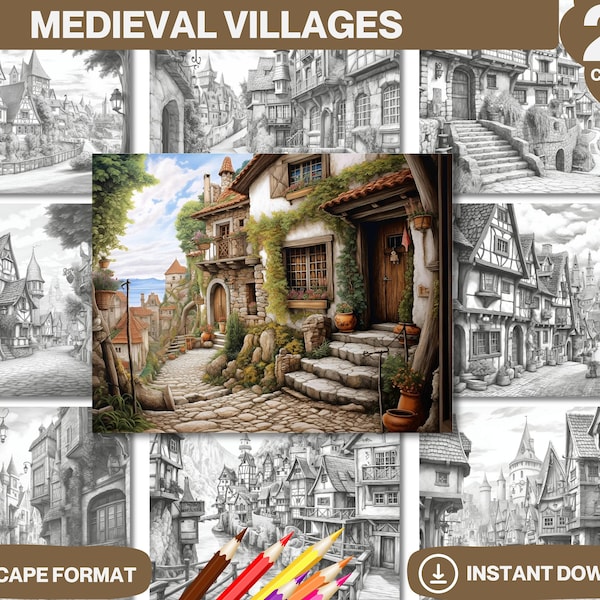 Medieval Villages Coloring Book | Days Era Historic Architecture | For Adults kids Fantasy Castle Village | coloring pages Instant Download