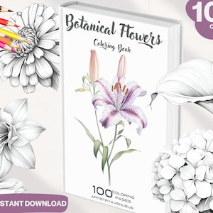 100 botanische Blumen Malbuch | Erwachsene und Kinder Malbücher | Sofortdownload | Graustufen Malvorlage | Druckbares PDF