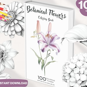 100 Botanical Flowers Coloring Book | Adults and kids Colouring Books | Instant Download | Grayscale Coloring Page | Printable PDF