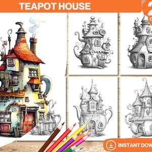 Teapot House Coloring Book | Whimsical Teapot Fairy House Coloring Pages | Adults kids Grayscale Colouring | Instant Download Printable PDF