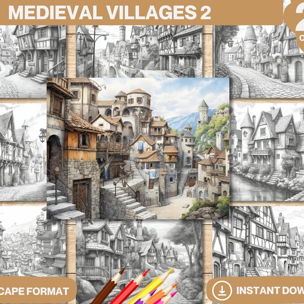 Medieval Villages 2 | Days Era Historic Architecture Coloring Book | For Adults kids Fantasy Castle Village coloring pages Instant Download