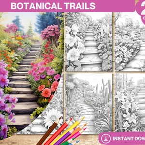 Botanical Trails Coloring Book | Days Era Historic Architecture | For Adults kids Fantasy Castle Village | coloring pages Instant Download