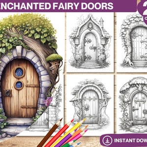 Enchanted Fairy Door Coloring Book | Adults and kids Coloring Pages | Grayscale Doors Colouring Book | Printable PDF | Instant Download