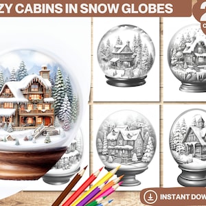 Cozy Cabins in Snow Globes Coloring Book | Printable Adult Coloring Pages | Grayscale Coloring Book | Fairy Coloring Page Instant Download