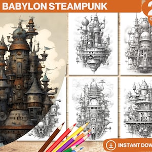 Puede incluir: Un conjunto de 25 páginas para colorear con intrincadas ilustraciones de estilo steampunk de ciudades flotantes. Las ilustraciones son detalladas e incluyen engranajes, tuberías y otros elementos mecánicos. Las páginas para colorear son perfectas para adultos y niños que disfrutan de las actividades creativas.