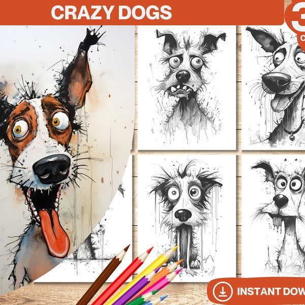 Crazy Dogs kleurboek, afdrukbare pagina's digitaal, grijswaarden dieren kleurboeken, afdrukbare PDF voor volwassenen en kinderen, Instant Download