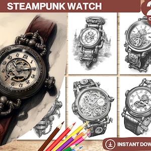 Puede incluir: Un conjunto de 25 páginas para colorear con intrincados relojes de estilo steampunk. Los relojes tienen engranajes, ruedas dentadas y otros elementos mecánicos detallados. Las páginas para colorear son perfectas para adultos y niños que disfrutan de dibujos detallados.