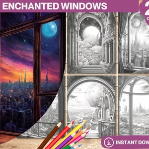 Enchanted Windows to Another World Coloring Book | Printable Adults Coloring Pages | Grayscale Coloring Book | Instant Download PDF