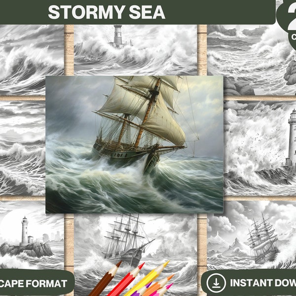 Stormy Sea Coloring Book | Printable Adult Lighthouses Coloring Pages | Grayscale Colouring Book Digital | Instant Download | Printable PDF