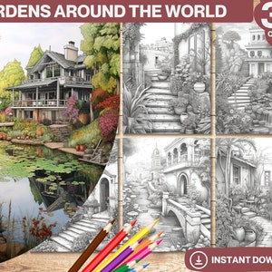 Gardens Around The World Coloring Book, Botanical Coloring Books, Gardens Adult and Kid Coloring Page, Printable PDF file, Instant Download