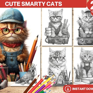 Cute Smarty Cats Coloring Book | Printable Cats Coloring Pages Digital | Grayscale Animals Colouring Book | Printable PDF | Instant Download