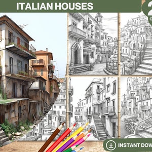 Italian Houses Coloring Book | Printable Adult and kid Coloring Pages | Grayscale Coloring Book | Fairy Coloring Page | Instant Download