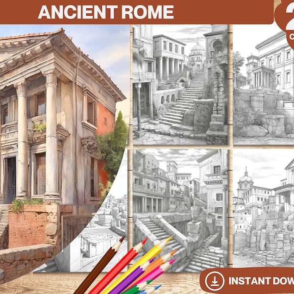 Livre de coloriage Rome antique | Coloriages à imprimer pour adultes et enfants | Livre de coloriage numérique en niveaux de gris | Téléchargement instantané | PDF imprimable