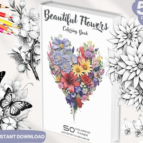 50 Beautiful Flowers Coloring Book | Adults and kids Colouring Books | Instant Download | Grayscale Coloring Page | Printable PDF