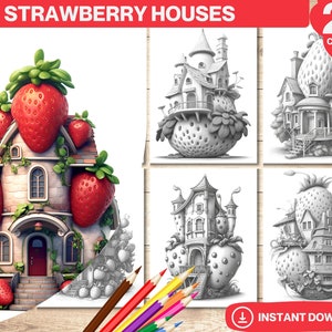 Enchanted Strawberry Fairy Houses Coloring Book | Adults Kids Digital Colouring Pages | Grayscale Coloring | Instant Download Printable PDF