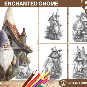 Enchanted Gnome Coloring Book | Adults and kids Colouring Books | Instant Download | Grayscale Coloring Page | Printable PDF