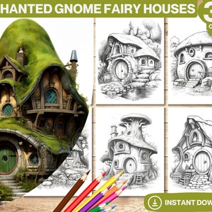 Enchanted Gnome Fairy Houses Coloring Book | Adults Coloring Pages | Grayscale House Colouring Book | Printable PDF | Instant Download