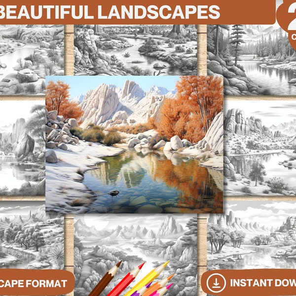 Beautiful Landscapes Coloring | Printable Adult and Kids Coloring Pages | Grayscale Coloring Book | Coloring Page | Instant Download